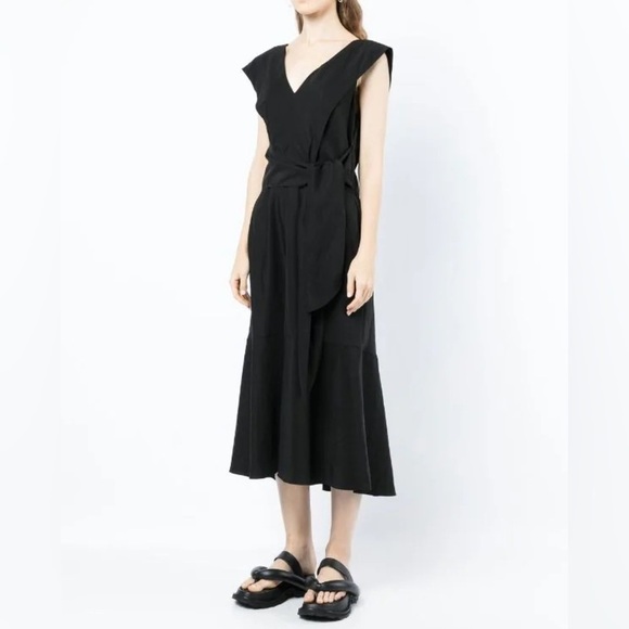 Vince V-Neck Tie Back Flutter Sleeve Black Tencel Midi Dress V870851492 NWT XL - Picture 2 of 12